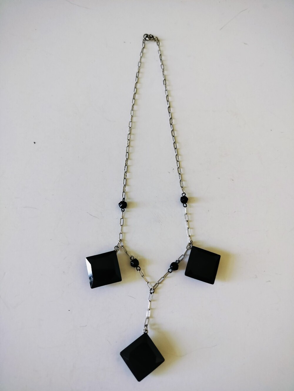 Vintage Art Deco Assembled Button Necklace Black Geometric Drop Paperclip Chain